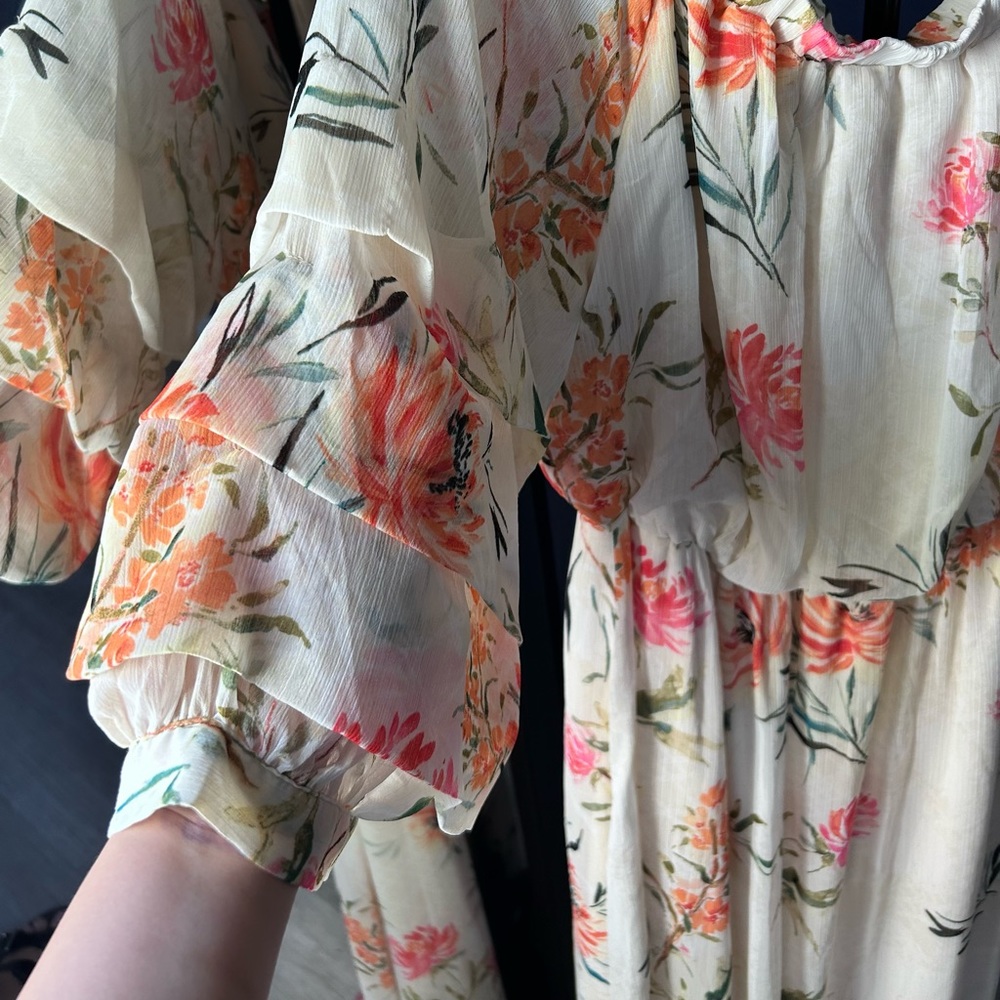 Cream floral off-the-shoulder maternity or celebration dress with flower print